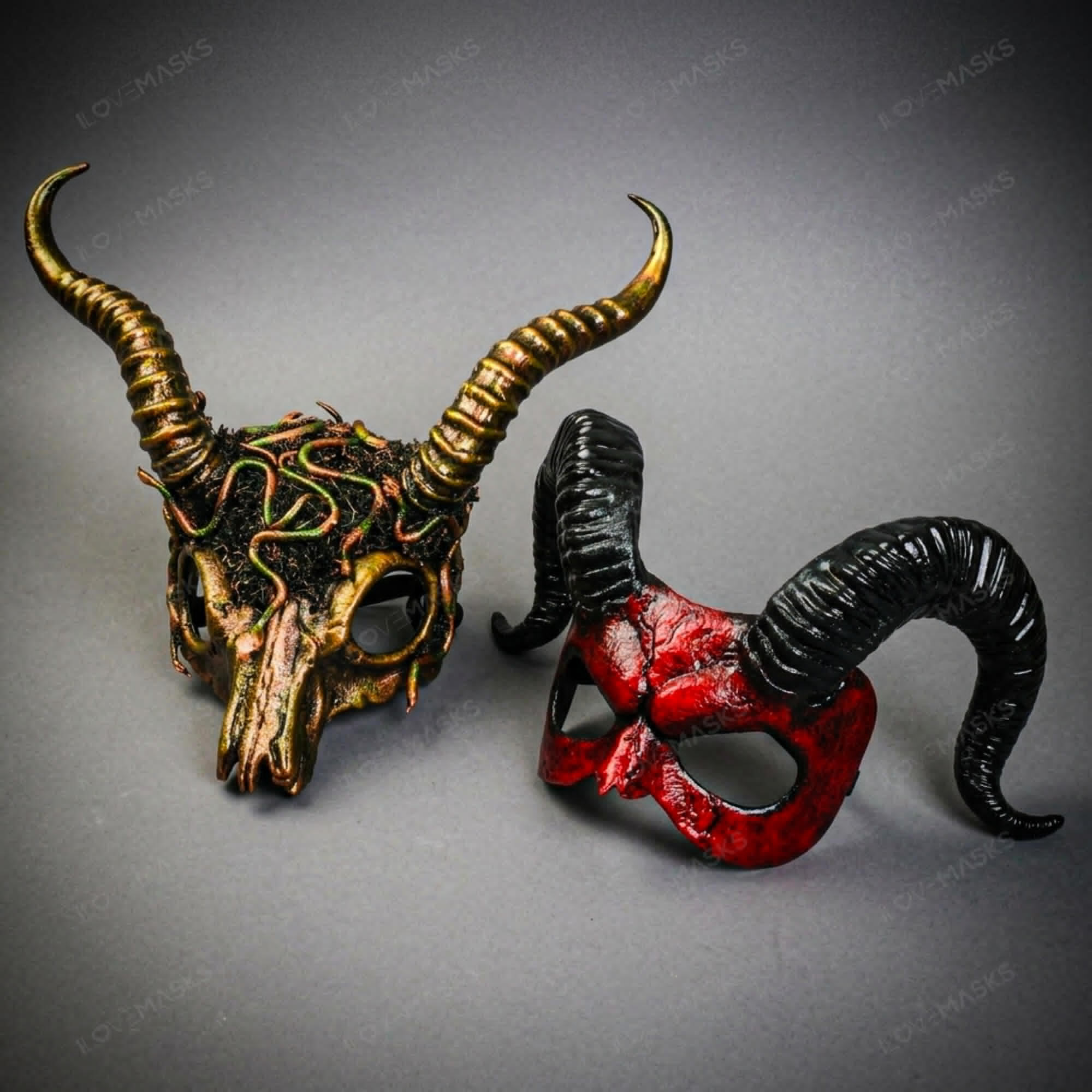 Horned Demon Skull Masquerade Halloween Party Mask Red Gold Black